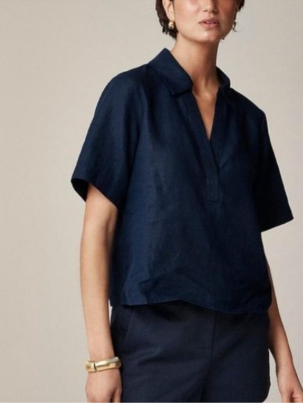 J. Crew | Bungalow Popover Top in Linen Navy Blue - Picture 2 of 4